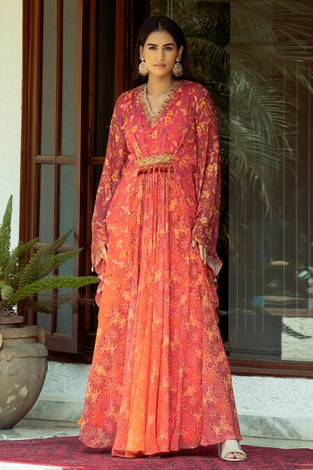 Shashank Arya_Orange Crepe, Chiffon Sequins, Beads V-neck Floral Vine Print Ombre Kaftan_Online_at_Aza_Fashions