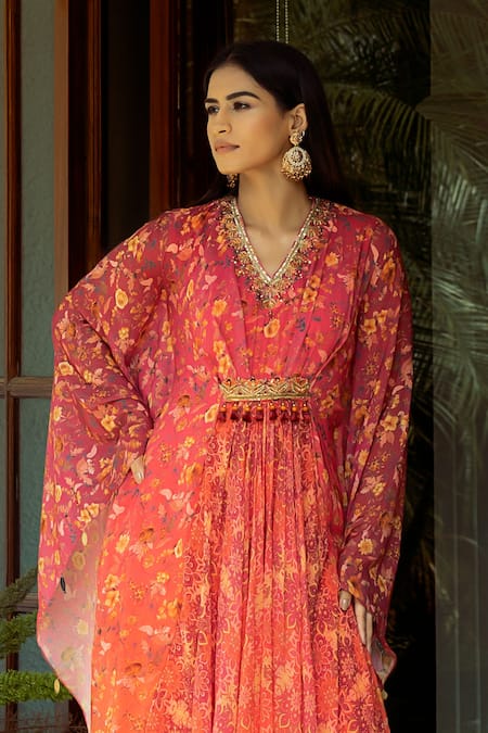 Buy_Shashank Arya_Orange Crepe, Chiffon Sequins, Beads V-neck Floral Vine Print Ombre Kaftan_Online_at_Aza_Fashions