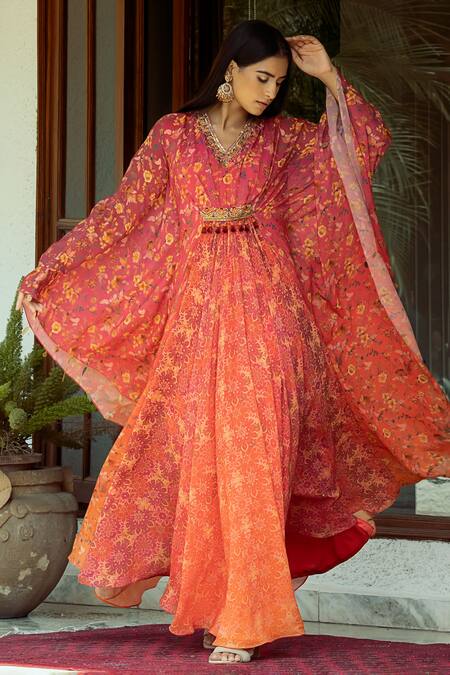 Shop_Shashank Arya_Orange Crepe, Chiffon Sequins, Beads V-neck Floral Vine Print Ombre Kaftan_Online_at_Aza_Fashions