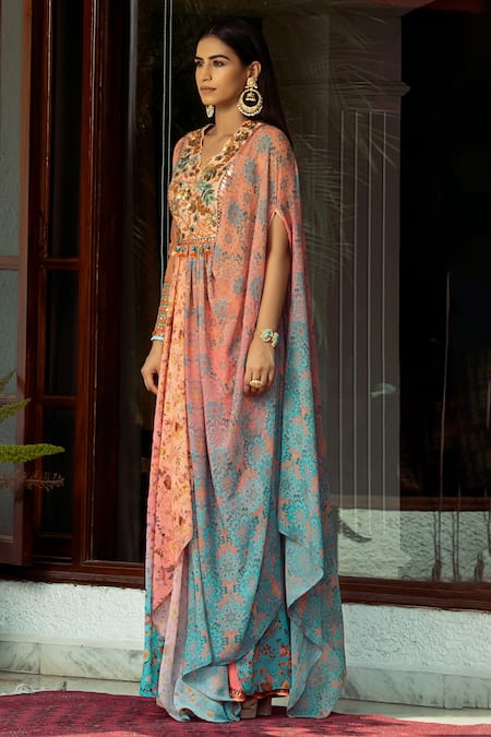 Shashank Arya_Blue Chanderi, Chiffon, Satin Ombre Printed Draped Anarkali With Pant_Online_at_Aza_Fashions