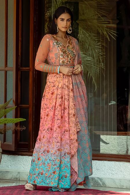 Buy_Shashank Arya_Blue Chanderi, Chiffon, Satin Ombre Printed Draped Anarkali With Pant_Online_at_Aza_Fashions