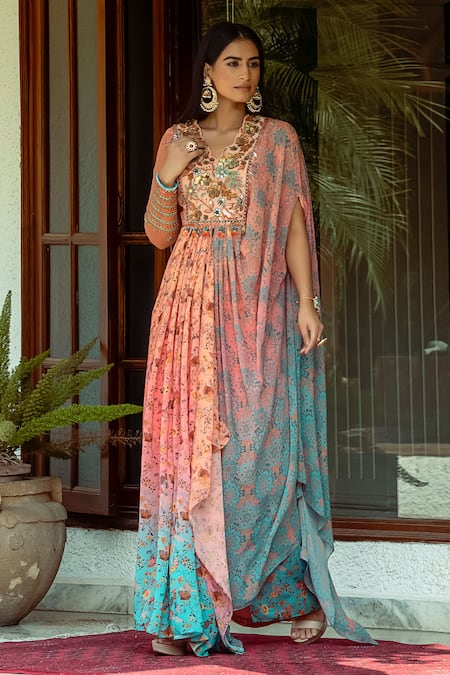 Shop_Shashank Arya_Blue Chanderi, Chiffon, Satin Ombre Printed Draped Anarkali With Pant_Online_at_Aza_Fashions