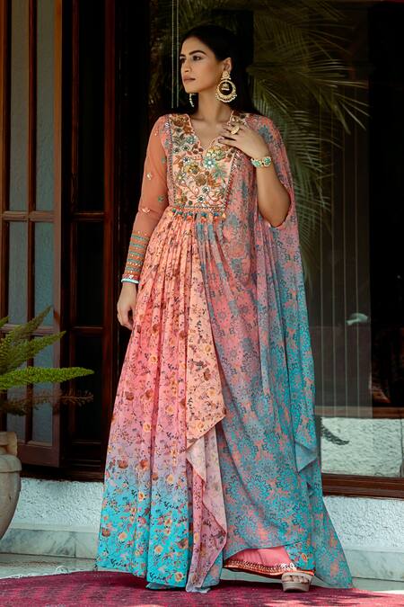 Shashank Arya_Blue Chanderi, Chiffon, Satin Ombre Printed Draped Anarkali With Pant_at_Aza_Fashions