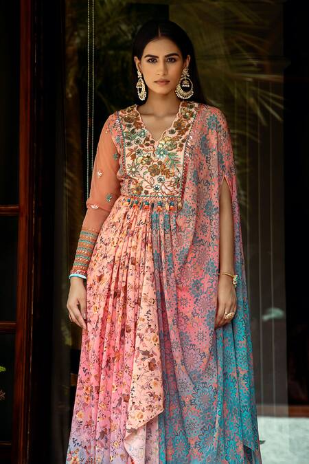 Buy_Shashank Arya_Blue Chanderi, Chiffon, Satin Ombre Printed Draped Anarkali With Pant
