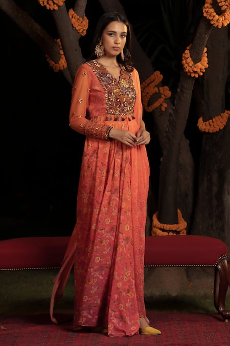 Shashank Arya_Orange Chanderi, Rayon Embroidery, Sequins V-neck Ombre Printed Draped Anarkali_Online_at_Aza_Fashions