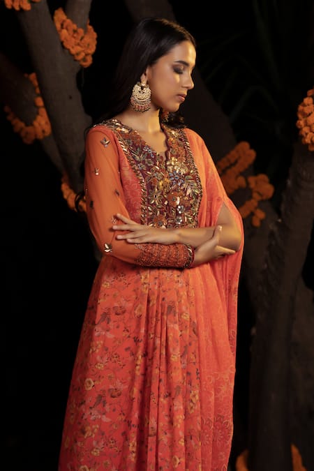 Buy_Shashank Arya_Orange Chanderi, Rayon Embroidery, Sequins V-neck Ombre Printed Draped Anarkali_Online_at_Aza_Fashions