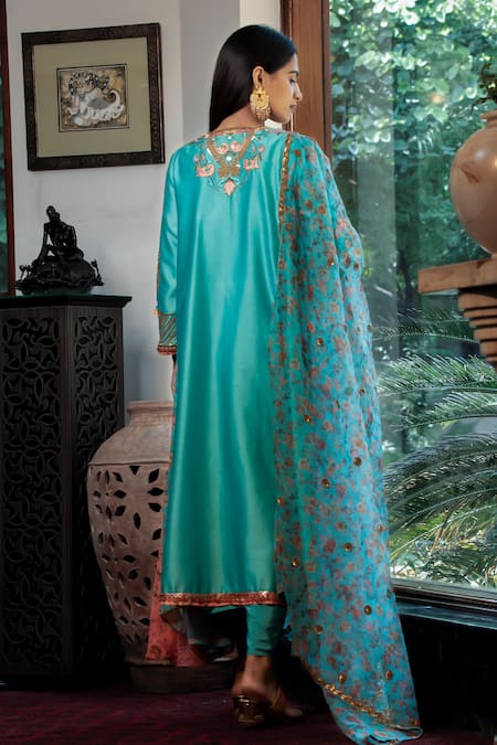 Shop Shashank Arya Blue Organza, Chanderi, Crepe Sequins, Ombre Side Panel Kurta Dhoti Pant Set at Aza Fashions Shop_Shashank Arya_Blue Organza, Chanderi, Crepe Sequins, Ombre Side Panel Kurta Dhoti Pant Set _at_Aza_Fashions