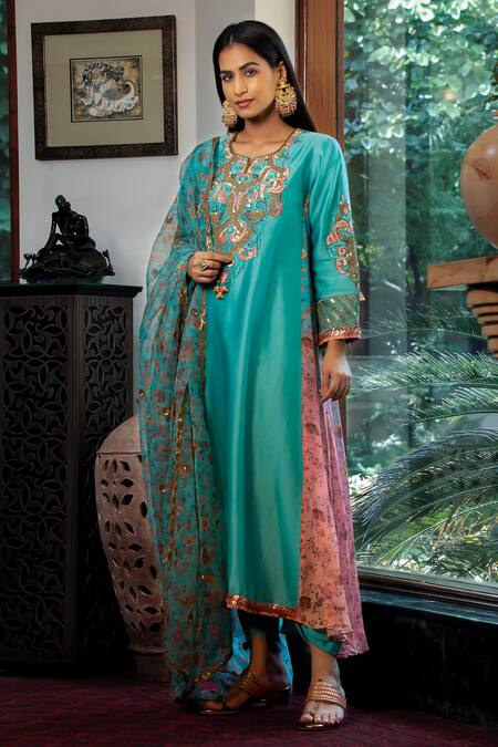 Buy Shashank Arya Blue Organza, Chanderi, Crepe Sequins, Ombre Side Panel Kurta Dhoti Pant Set Buy_Shashank Arya_Blue Organza, Chanderi, Crepe Sequins, Ombre Side Panel Kurta Dhoti Pant Set