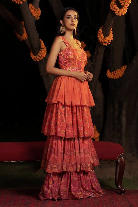 Shashank Arya_Orange Satin, Chiffon, Georgette Sequins, Embroidery Ombre Printed Tiered Gown_Online_at_Aza_Fashions