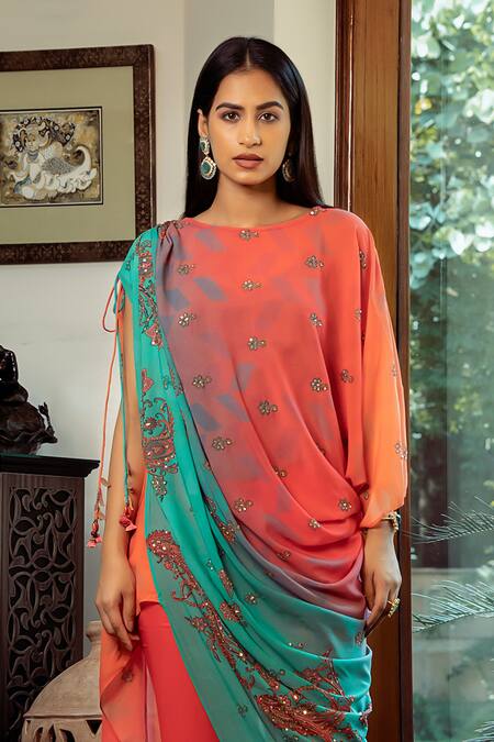 Shashank Arya_Blue Crepe, Georgette, Chiffon Printed Ombre Asymmetric Draped Kurta Pant Set_Online_at_Aza_Fashions