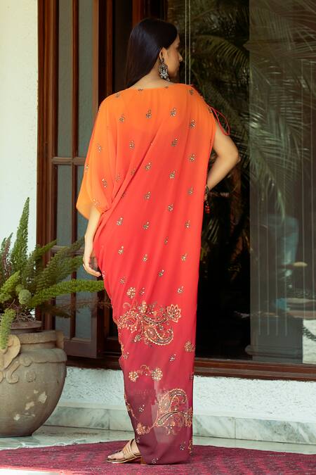 Shop Shashank Arya Orange Crepe, Georgette, Chiffon Ombre Printed Asymmetric Draped Kurta Pant Set at Aza Fashions Shop_Shashank Arya_Orange Crepe, Georgette, Chiffon Ombre Printed Asymmetric Draped Kurta Pant Set_at_Aza_Fashions