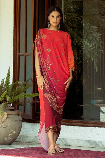 Shashank Arya Orange Crepe, Georgette, Chiffon Ombre Printed Asymmetric Draped Kurta Pant Set Online at Aza Fashions Shashank Arya_Orange Crepe, Georgette, Chiffon Ombre Printed Asymmetric Draped Kurta Pant Set_Online_at_Aza_Fashions