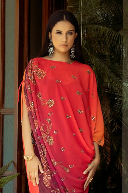 Buy Shashank Arya Orange Crepe, Georgette, Chiffon Ombre Printed Asymmetric Draped Kurta Pant Set Online at Aza Fashions Buy_Shashank Arya_Orange Crepe, Georgette, Chiffon Ombre Printed Asymmetric Draped Kurta Pant Set_Online_at_Aza_Fashions