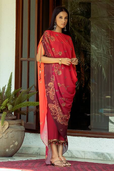 Shop Shashank Arya Orange Crepe, Georgette, Chiffon Ombre Printed Asymmetric Draped Kurta Pant Set Online at Aza Fashions Shop_Shashank Arya_Orange Crepe, Georgette, Chiffon Ombre Printed Asymmetric Draped Kurta Pant Set_Online_at_Aza_Fashions