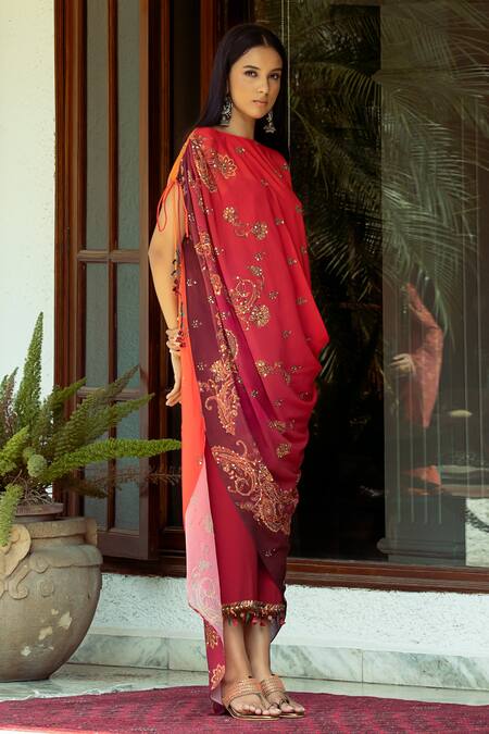 Buy Shashank Arya Orange Crepe, Georgette, Chiffon Ombre Printed Asymmetric Draped Kurta Pant Set Buy_Shashank Arya_Orange Crepe, Georgette, Chiffon Ombre Printed Asymmetric Draped Kurta Pant Set