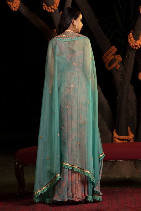 Shop Shashank Arya Blue Organza, Chiffon, Satin Sequins, Cape With Printed Draped Anarkali at Aza Fashions Shop_Shashank Arya_Blue Organza, Chiffon, Satin Sequins, Cape With Printed Draped Anarkali_at_Aza_Fashions