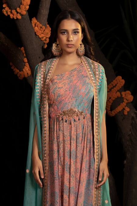 Shashank Arya Blue Organza, Chiffon, Satin Sequins, Cape With Printed Draped Anarkali Online at Aza Fashions Shashank Arya_Blue Organza, Chiffon, Satin Sequins, Cape With Printed Draped Anarkali_Online_at_Aza_Fashions