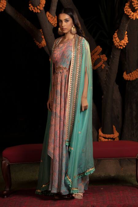 Buy Shashank Arya Blue Organza, Chiffon, Satin Sequins, Cape With Printed Draped Anarkali Online at Aza Fashions Buy_Shashank Arya_Blue Organza, Chiffon, Satin Sequins, Cape With Printed Draped Anarkali_Online_at_Aza_Fashions