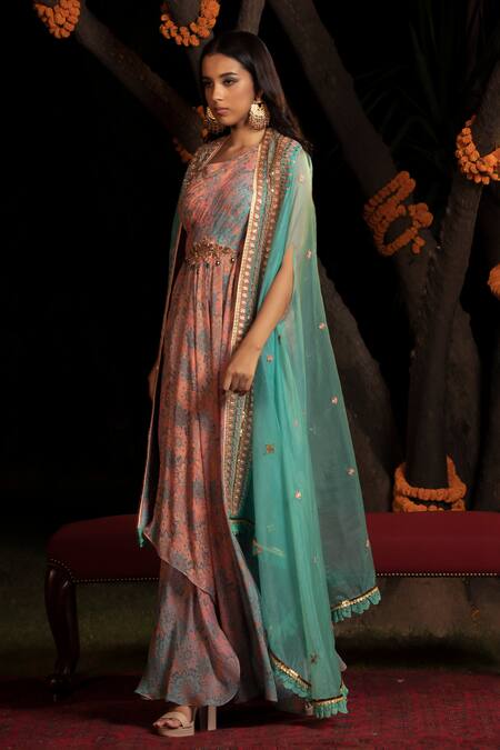 Shop Shashank Arya Blue Organza, Chiffon, Satin Sequins, Cape With Printed Draped Anarkali Online at Aza Fashions Shop_Shashank Arya_Blue Organza, Chiffon, Satin Sequins, Cape With Printed Draped Anarkali_Online_at_Aza_Fashions