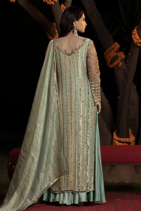 Shop Shashank Arya Blue Net, Crepe, Georgette, Linen, Stripe Embellished Kurta Flared Pant Set at Aza Fashions Shop_Shashank Arya_Blue Net, Crepe, Georgette, Linen, Stripe Embellished Kurta Flared Pant Set _at_Aza_Fashions