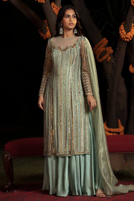 Shashank Arya Blue Net, Crepe, Georgette, Linen, Stripe Embellished Kurta Flared Pant Set Online at Aza Fashions Shashank Arya_Blue Net, Crepe, Georgette, Linen, Stripe Embellished Kurta Flared Pant Set _Online_at_Aza_Fashions