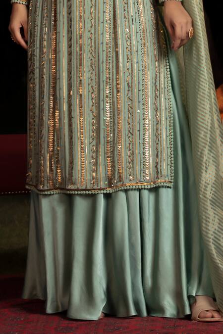 Buy Shashank Arya Blue Net, Crepe, Georgette, Linen, Stripe Embellished Kurta Flared Pant Set Online at Aza Fashions Buy_Shashank Arya_Blue Net, Crepe, Georgette, Linen, Stripe Embellished Kurta Flared Pant Set _Online_at_Aza_Fashions