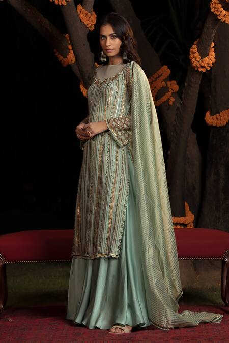 Shop Shashank Arya Blue Net, Crepe, Georgette, Linen, Stripe Embellished Kurta Flared Pant Set Online at Aza Fashions Shop_Shashank Arya_Blue Net, Crepe, Georgette, Linen, Stripe Embellished Kurta Flared Pant Set _Online_at_Aza_Fashions