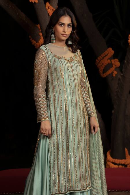 Shashank Arya Blue Net, Crepe, Georgette, Linen, Stripe Embellished Kurta Flared Pant Set at Aza Fashions Shashank Arya_Blue Net, Crepe, Georgette, Linen, Stripe Embellished Kurta Flared Pant Set _at_Aza_Fashions