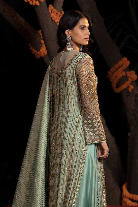 Buy Shashank Arya Blue Net, Crepe, Georgette, Linen, Stripe Embellished Kurta Flared Pant Set Buy_Shashank Arya_Blue Net, Crepe, Georgette, Linen, Stripe Embellished Kurta Flared Pant Set