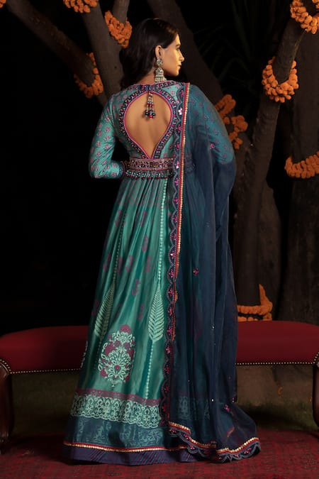 Shop Shashank Arya Blue Organza, Net, Chanderi, Block Print Embellished Anarkali With Dupatta at Aza Fashions Shop_Shashank Arya_Blue Organza, Net, Chanderi, Block Print Embellished Anarkali With Dupatta _at_Aza_Fashions