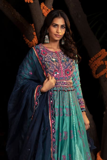 Shashank Arya Blue Organza, Net, Chanderi, Block Print Embellished Anarkali With Dupatta Online at Aza Fashions Shashank Arya_Blue Organza, Net, Chanderi, Block Print Embellished Anarkali With Dupatta _Online_at_Aza_Fashions