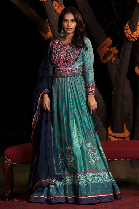 Buy Shashank Arya Blue Organza, Net, Chanderi, Block Print Embellished Anarkali With Dupatta Online at Aza Fashions Buy_Shashank Arya_Blue Organza, Net, Chanderi, Block Print Embellished Anarkali With Dupatta _Online_at_Aza_Fashions