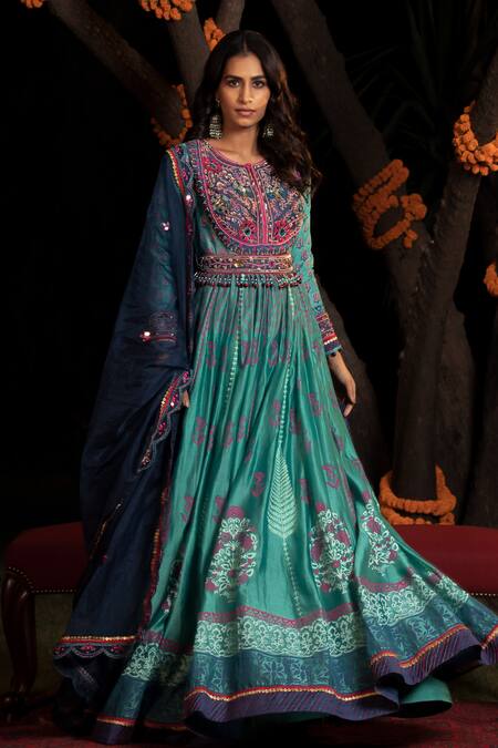 Shop Shashank Arya Blue Organza, Net, Chanderi, Block Print Embellished Anarkali With Dupatta Online at Aza Fashions Shop_Shashank Arya_Blue Organza, Net, Chanderi, Block Print Embellished Anarkali With Dupatta _Online_at_Aza_Fashions