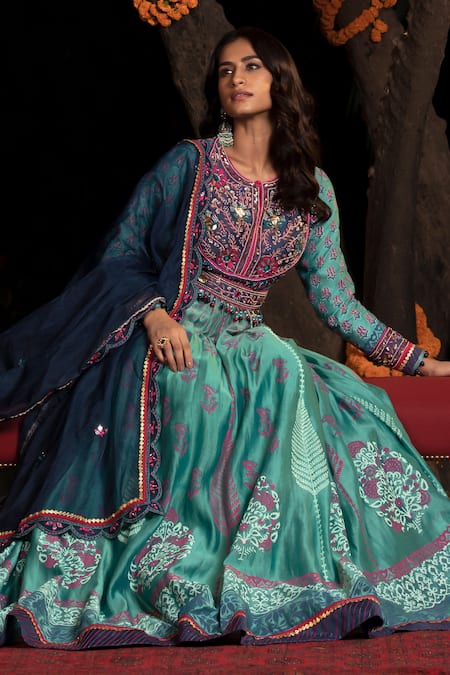 Shashank Arya Blue Organza, Net, Chanderi, Block Print Embellished Anarkali With Dupatta at Aza Fashions Shashank Arya_Blue Organza, Net, Chanderi, Block Print Embellished Anarkali With Dupatta _at_Aza_Fashions