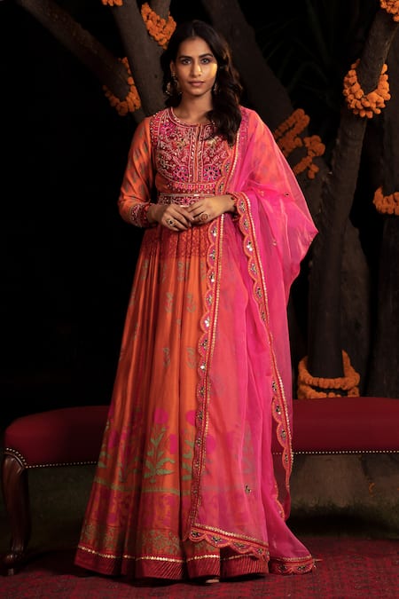 SHASHANK ARYA Orange Chanderi Block Printed Floral Round Embellished Anarkali With Dupatta 