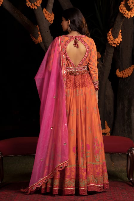 Shop Shashank Arya Orange Organza, Net, Chanderi, Embellished Block Print Anarkali With Dupatta at Aza Fashions Shop_Shashank Arya_Orange Organza, Net, Chanderi, Embellished Block Print Anarkali With Dupatta _at_Aza_Fashions