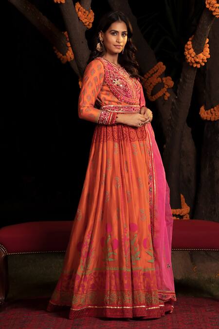 Shashank Arya Orange Organza, Net, Chanderi, Embellished Block Print Anarkali With Dupatta Online at Aza Fashions Shashank Arya_Orange Organza, Net, Chanderi, Embellished Block Print Anarkali With Dupatta _Online_at_Aza_Fashions