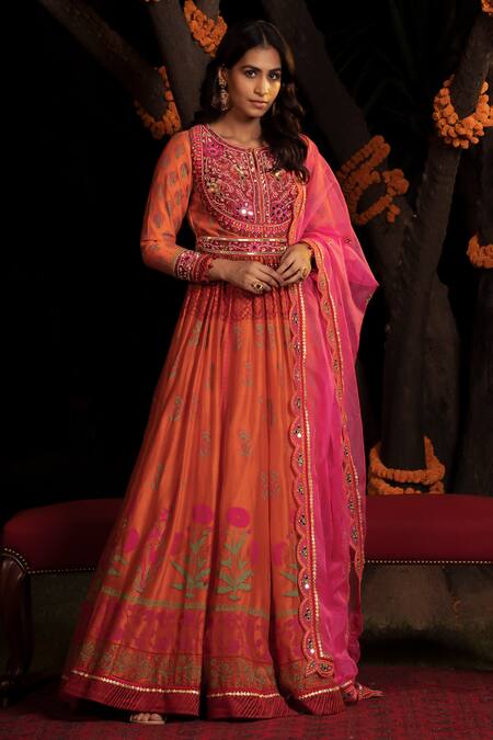 Buy Shashank Arya Orange Organza, Net, Chanderi, Embellished Block Print Anarkali With Dupatta Online at Aza Fashions Buy_Shashank Arya_Orange Organza, Net, Chanderi, Embellished Block Print Anarkali With Dupatta _Online_at_Aza_Fashions