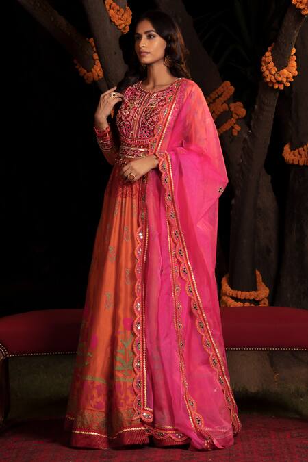 Shop Shashank Arya Orange Organza, Net, Chanderi, Embellished Block Print Anarkali With Dupatta Online at Aza Fashions Shop_Shashank Arya_Orange Organza, Net, Chanderi, Embellished Block Print Anarkali With Dupatta _Online_at_Aza_Fashions