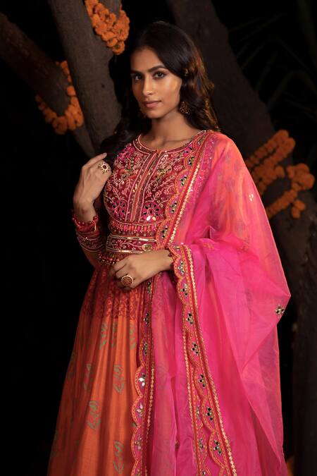 Shashank Arya Orange Organza, Net, Chanderi, Embellished Block Print Anarkali With Dupatta at Aza Fashions Shashank Arya_Orange Organza, Net, Chanderi, Embellished Block Print Anarkali With Dupatta _at_Aza_Fashions