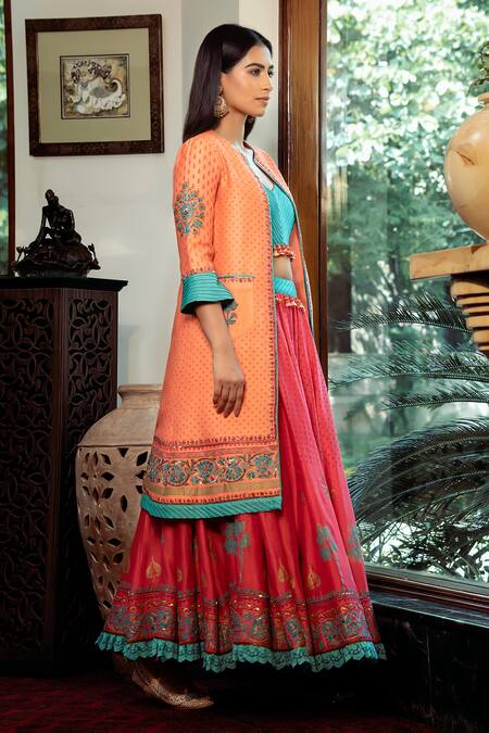 Shashank Arya Peach Chanderi, Linen, Satin Sequins, Block Print Embellished Jacket Lehenga Set Online at Aza Fashions Shashank Arya_Peach Chanderi, Linen, Satin Sequins, Block Print Embellished Jacket Lehenga Set_Online_at_Aza_Fashions