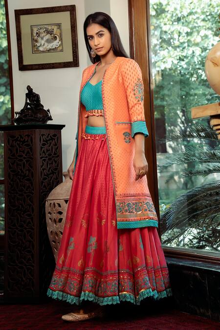 Buy Shashank Arya Peach Chanderi, Linen, Satin Sequins, Block Print Embellished Jacket Lehenga Set Online at Aza Fashions Buy_Shashank Arya_Peach Chanderi, Linen, Satin Sequins, Block Print Embellished Jacket Lehenga Set_Online_at_Aza_Fashions