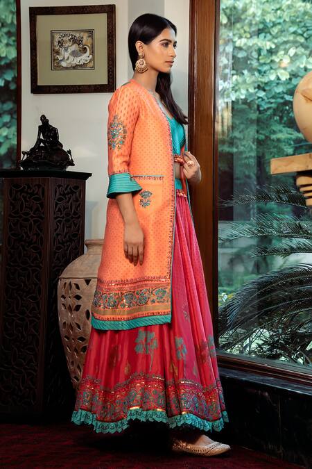 Shop Shashank Arya Peach Chanderi, Linen, Satin Sequins, Block Print Embellished Jacket Lehenga Set Online at Aza Fashions Shop_Shashank Arya_Peach Chanderi, Linen, Satin Sequins, Block Print Embellished Jacket Lehenga Set_Online_at_Aza_Fashions