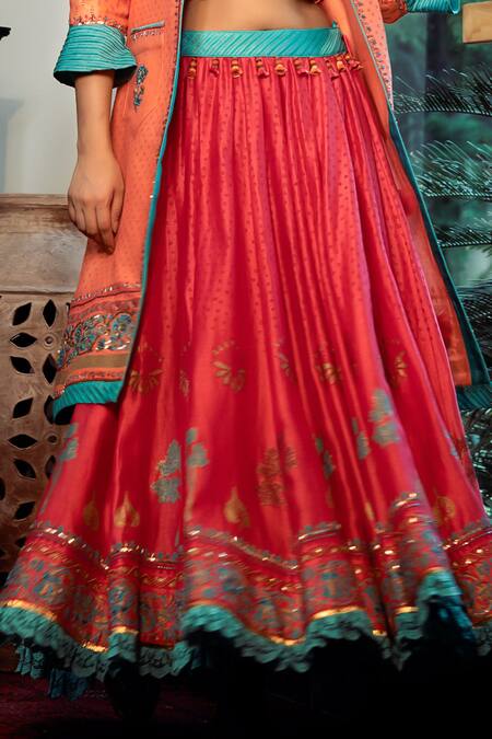 Buy Shashank Arya Peach Chanderi, Linen, Satin Sequins, Block Print Embellished Jacket Lehenga Set Buy_Shashank Arya_Peach Chanderi, Linen, Satin Sequins, Block Print Embellished Jacket Lehenga Set