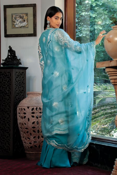 Shop Shashank Arya Blue Organza, Chanderi, Crepe, Linen Embellished Floral Kurta Flared Pant Set at Aza Fashions Shop_Shashank Arya_Blue Organza, Chanderi, Crepe, Linen Embellished Floral Kurta Flared Pant Set _at_Aza_Fashions