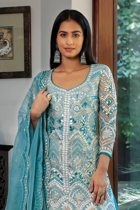 Shashank Arya Blue Organza, Chanderi, Crepe, Linen Embellished Floral Kurta Flared Pant Set Online at Aza Fashions Shashank Arya_Blue Organza, Chanderi, Crepe, Linen Embellished Floral Kurta Flared Pant Set _Online_at_Aza_Fashions