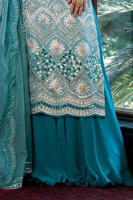 Buy Shashank Arya Blue Organza, Chanderi, Crepe, Linen Embellished Floral Kurta Flared Pant Set Online at Aza Fashions Buy_Shashank Arya_Blue Organza, Chanderi, Crepe, Linen Embellished Floral Kurta Flared Pant Set _Online_at_Aza_Fashions