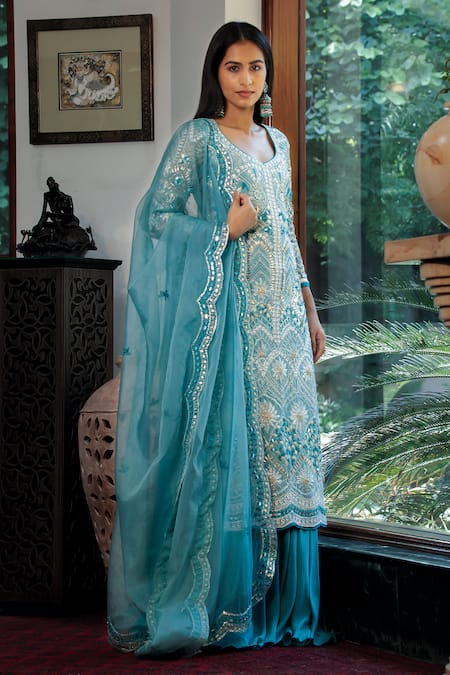 Shop Shashank Arya Blue Organza, Chanderi, Crepe, Linen Embellished Floral Kurta Flared Pant Set Online at Aza Fashions Shop_Shashank Arya_Blue Organza, Chanderi, Crepe, Linen Embellished Floral Kurta Flared Pant Set _Online_at_Aza_Fashions