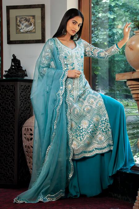 Buy Shashank Arya Blue Organza, Chanderi, Crepe, Linen Embellished Floral Kurta Flared Pant Set Buy_Shashank Arya_Blue Organza, Chanderi, Crepe, Linen Embellished Floral Kurta Flared Pant Set