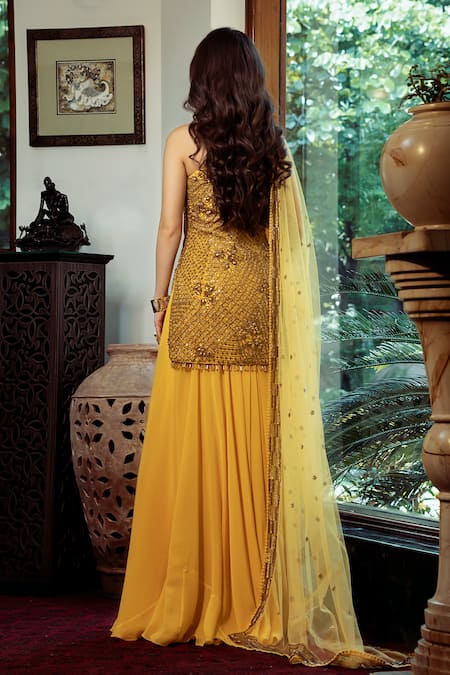 Shop Shashank Arya Yellow Net, Crepe, Georgette, Linen Embellished Strappy Kurta Flared Pant Set at Aza Fashions Shop_Shashank Arya_Yellow Net, Crepe, Georgette, Linen Embellished Strappy Kurta Flared Pant Set _at_Aza_Fashions